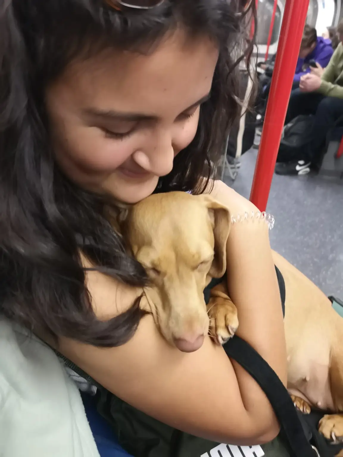 Sophia lovingly looking at the dog they are holding in their arms